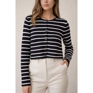 Babaton Navy and Cream Striped Cropped Button Cardigan